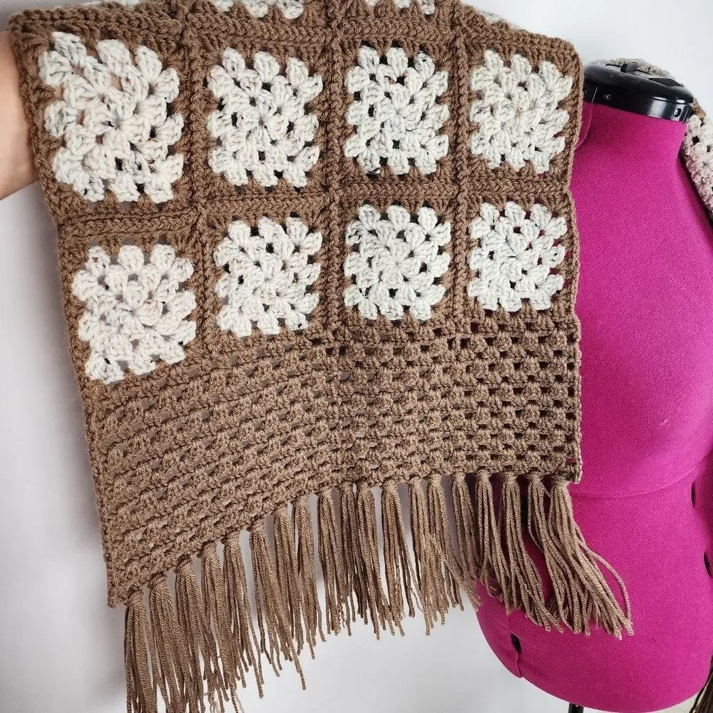 New Handmade Crochet Granny Square Shawl Wrap Scarf Brown Cream Boho Fringe